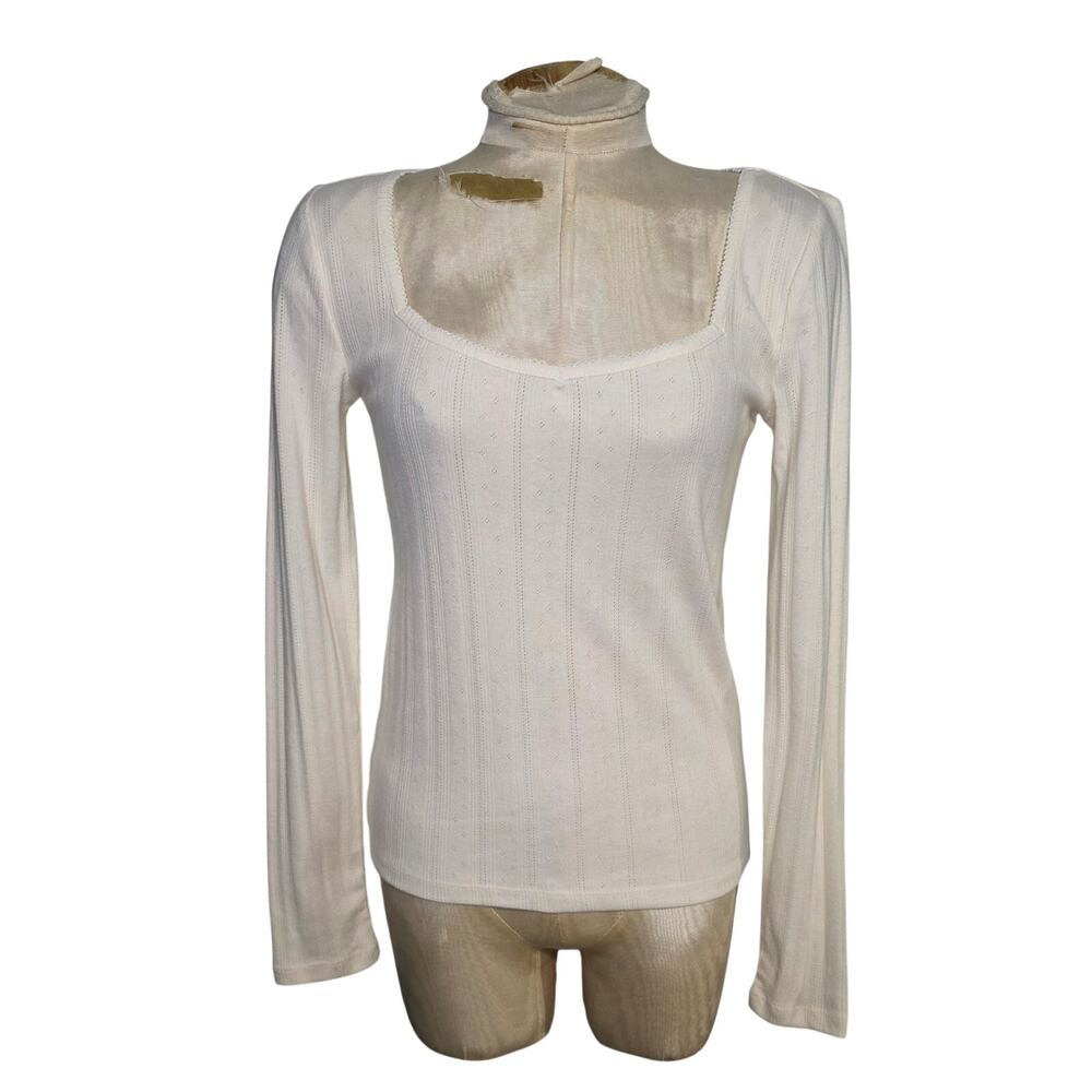 Loft Ribbed Sweetheart Neck Long Sleeve Beige Tee Size‎ Medium NWT